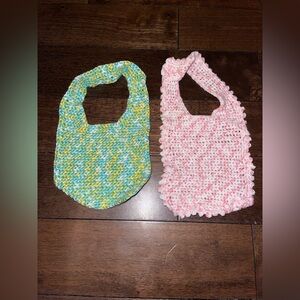 Handmade Knitted Baby Bib Set - Pink and Green